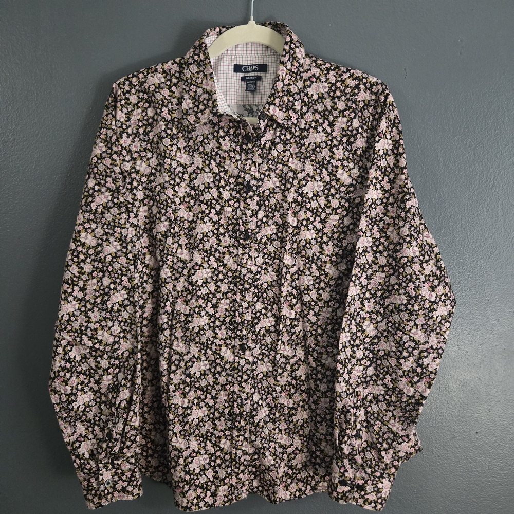 Chaps Black Floral Print Cotton Long Sleeve No-Iron Button Down XL